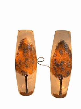 Set of 2 Frosted Glass Lighted Table Lamps Autumn Tree Decor 31” Tall